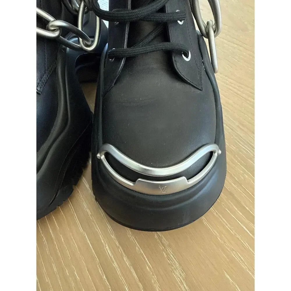 Louis Vuitton Leather Studded Accents Combat Boots w Chains Size 37 Black Silver